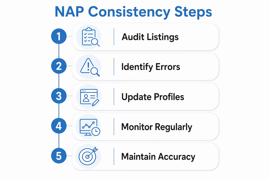 Infographic showing steps for maintaining NAP consistency in local SEO