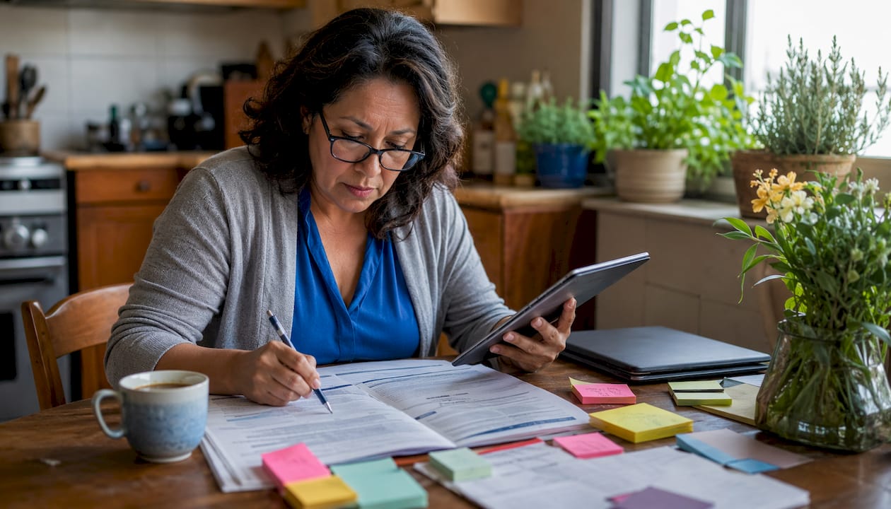 Woman auditing local business listings at desk