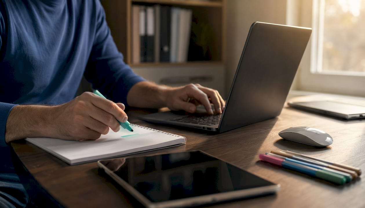 Close-up hands preparing Google Ads campaign on laptop