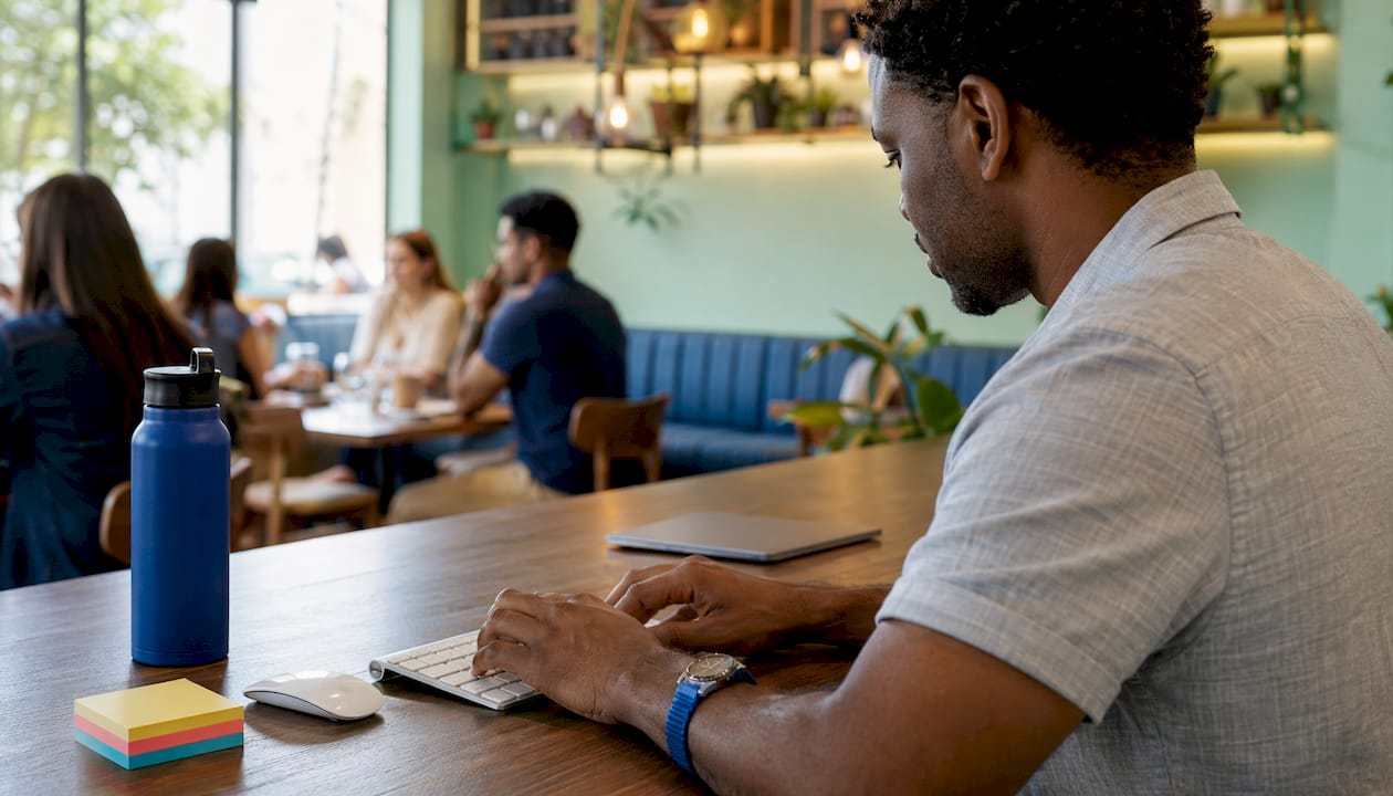 Over-shoulder of man typing during SEO audit