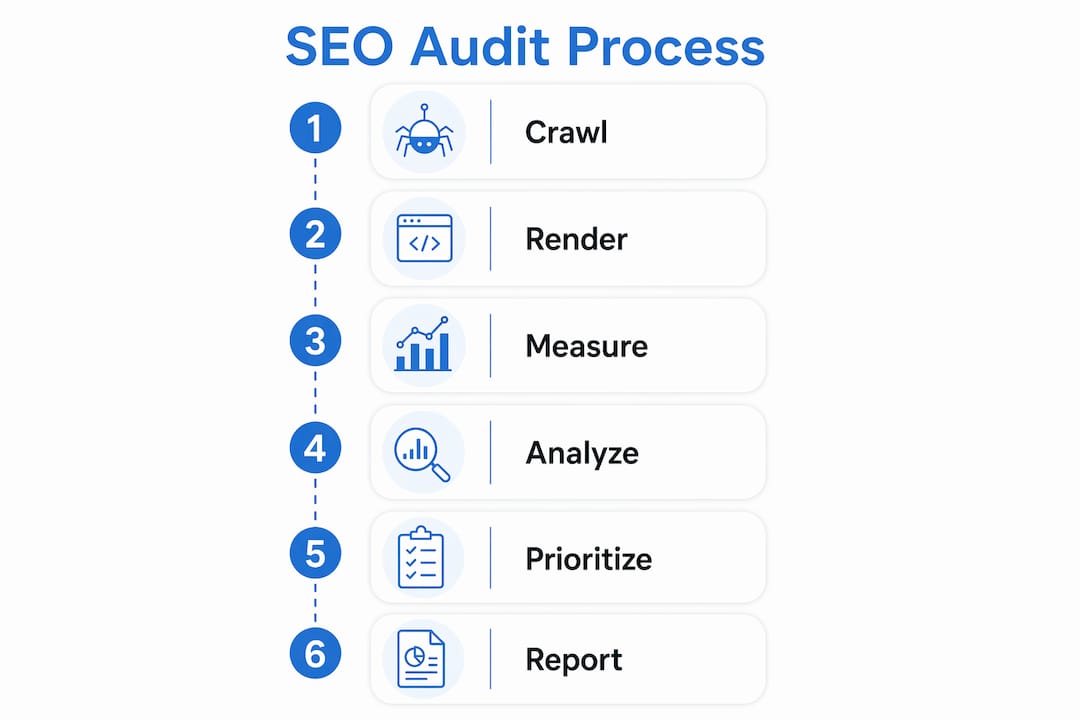 Infographic illustrating SEO audit workflow steps