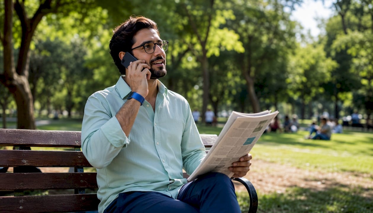 Marketer conducting local press outreach outdoors