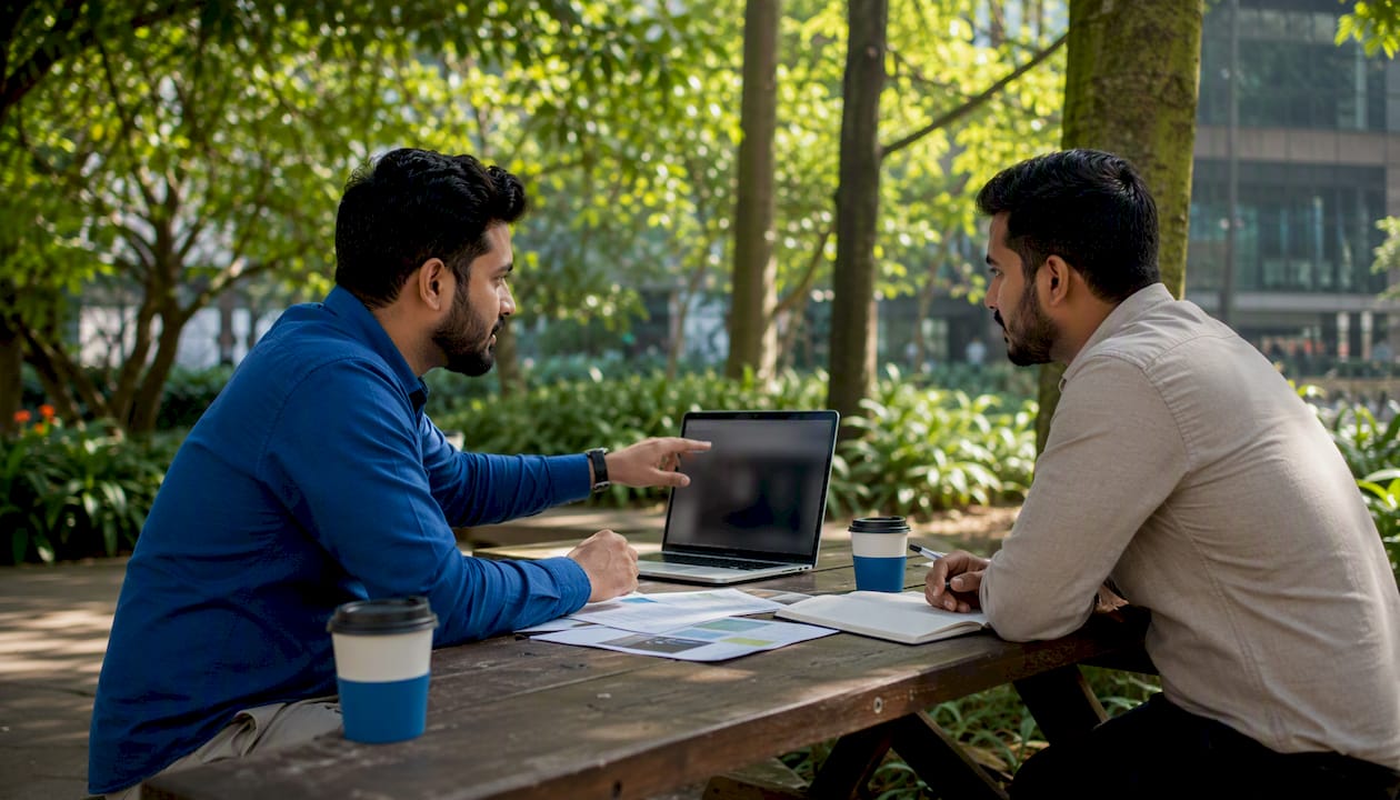 Two men discussing WordPress and Wix at coworking space