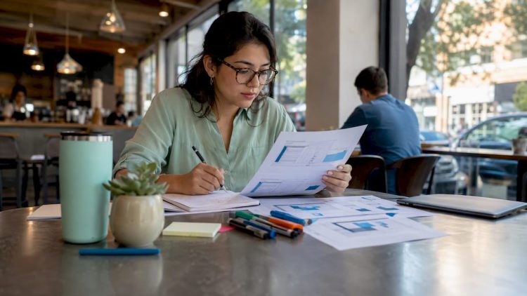 Entrepreneur reviewing website conversion reports at desk