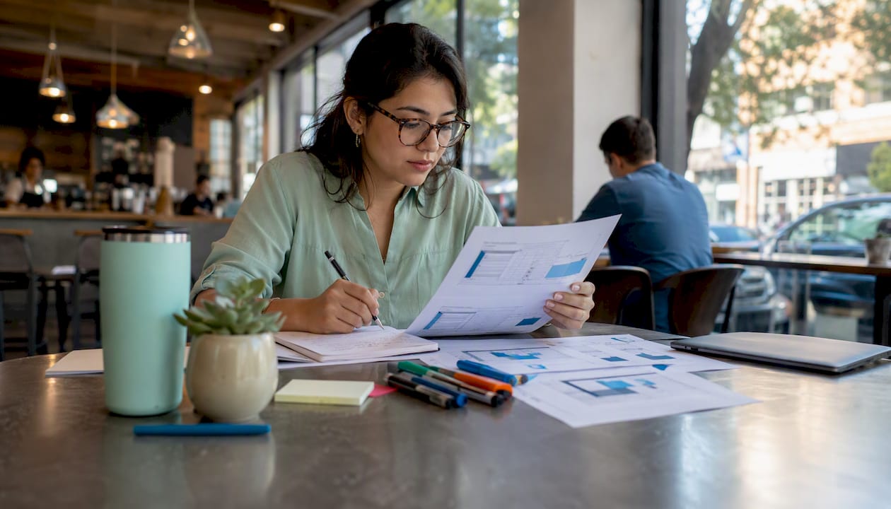Entrepreneur reviewing website conversion reports at desk