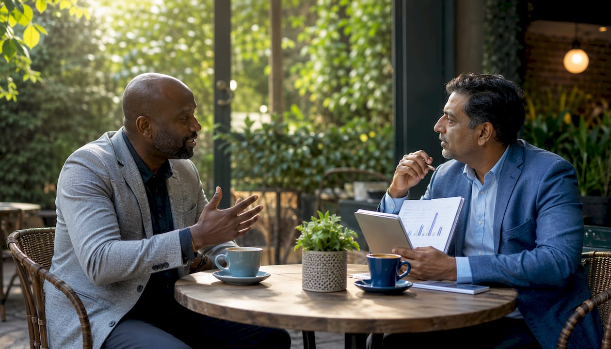 Consultants discussing CRO strategies in co-working space