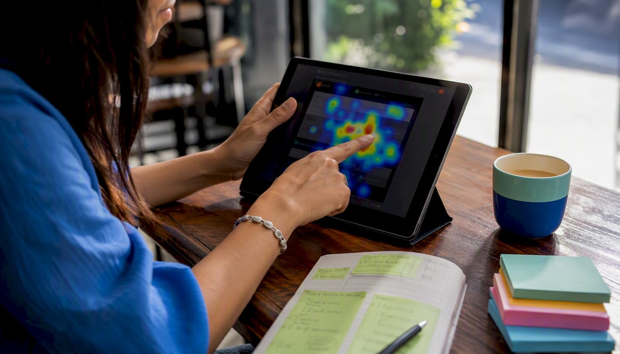 Hands analyzing website heatmap on tablet in office