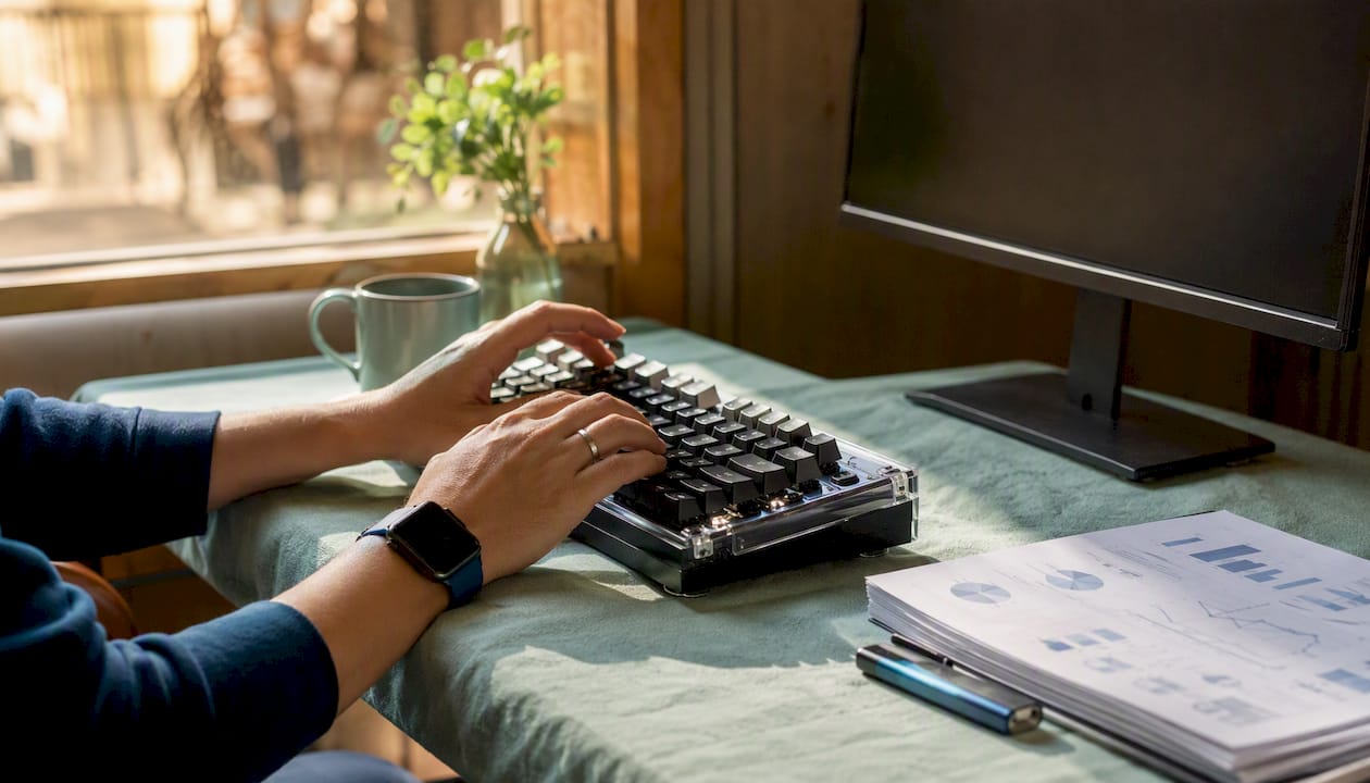 Hands typing on keyboard setting up analytics