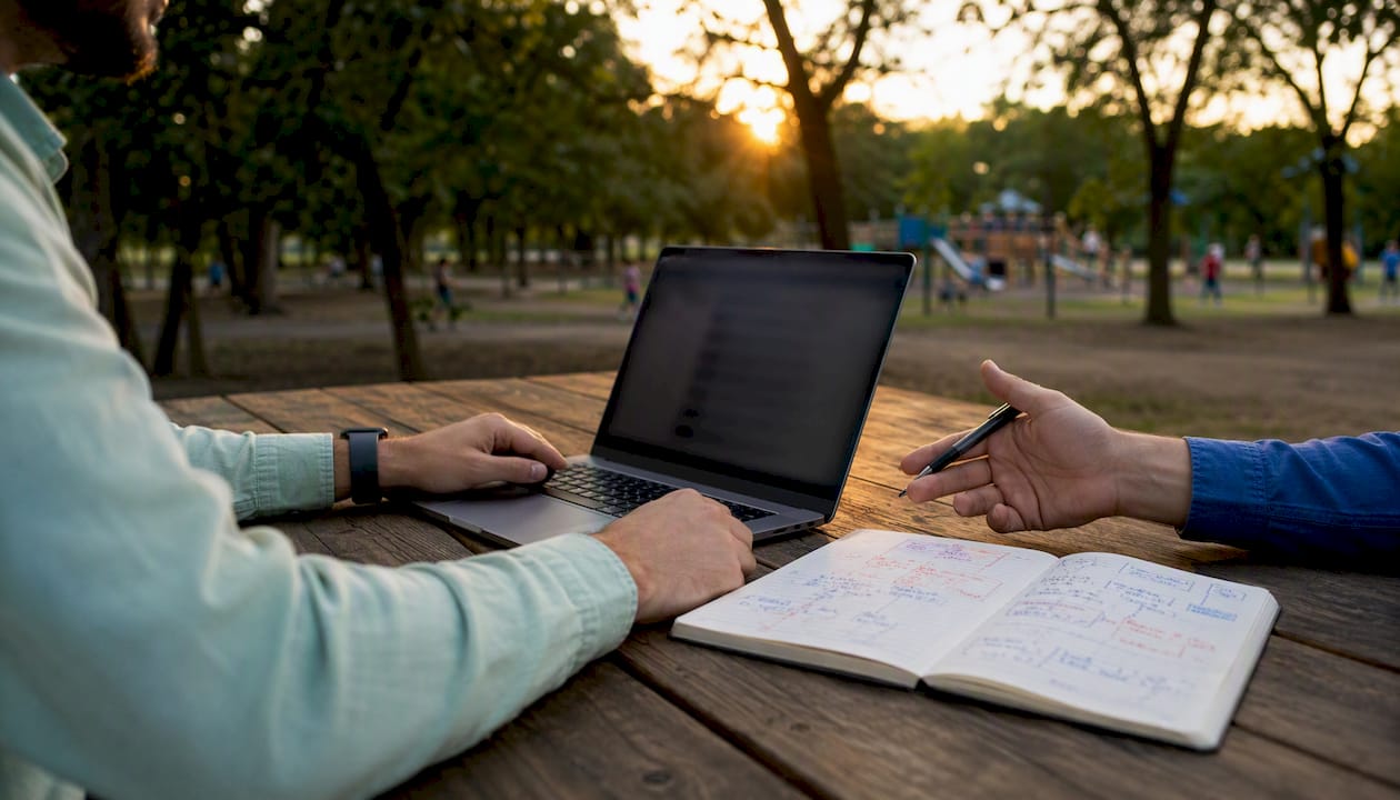 Hands analyzing AI citations on smartphone at café table