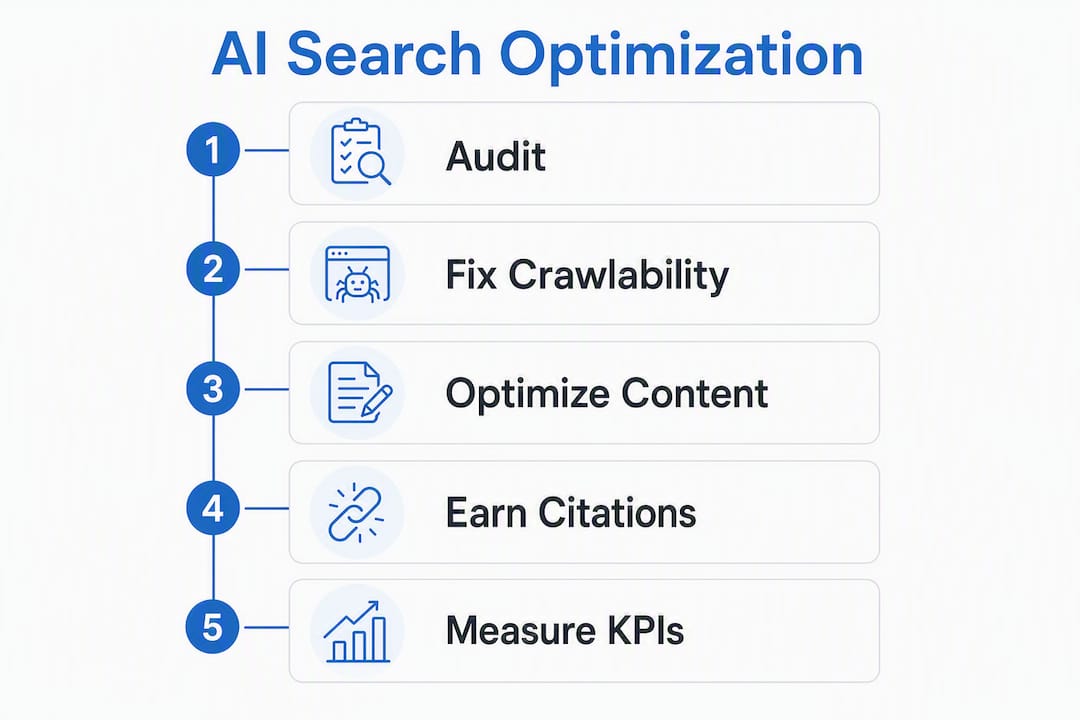 Infographic showing steps of AI search optimization process