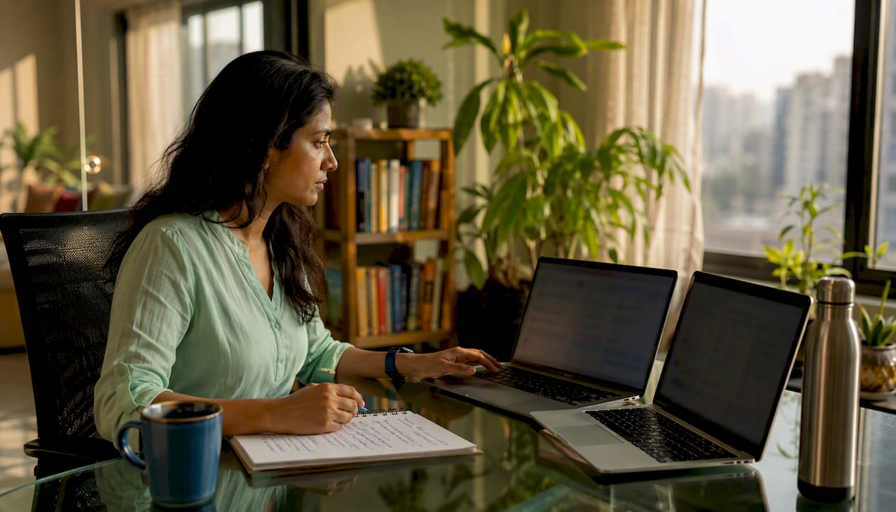 Woman comparing Google Ads and Facebook Ads on laptops