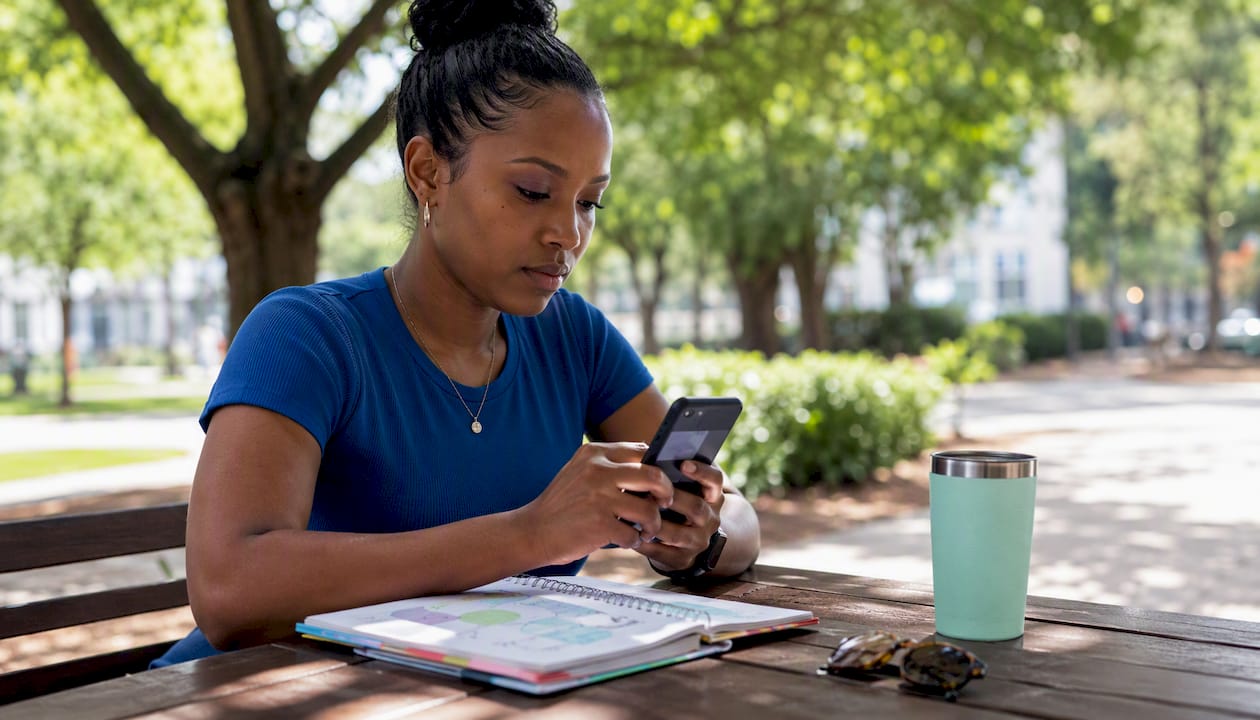 Woman managing Facebook Ads on smartphone in café