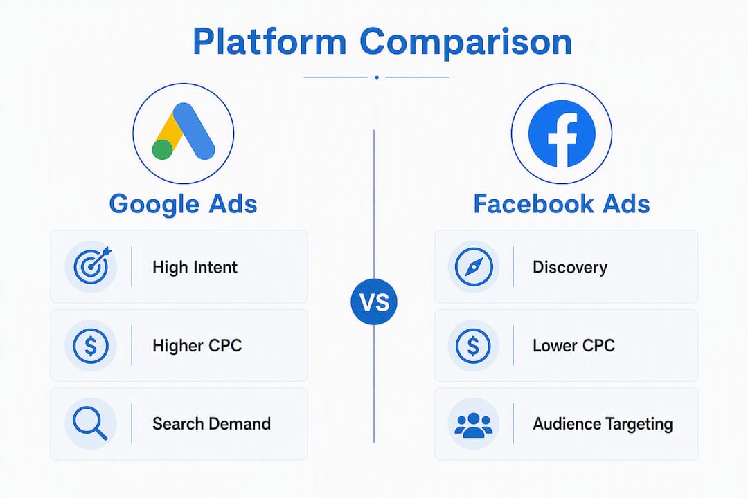 Infographic comparing key Google Ads and Facebook Ads features