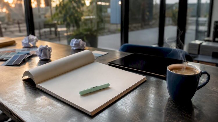 Notebook and pen on desk for copywriting