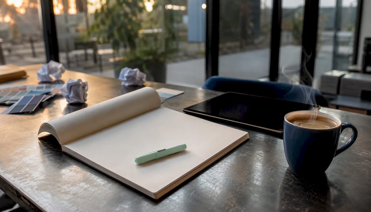 Notebook and pen on desk for copywriting