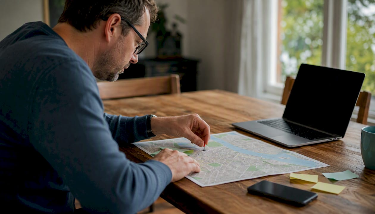 Hand placing location pin on local map