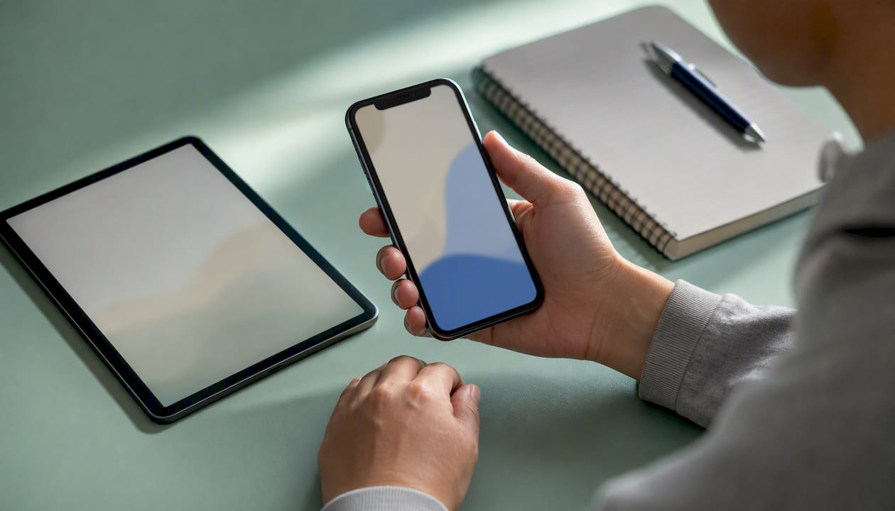 Hand holding smartphone near dark screen showing landing page out of focus