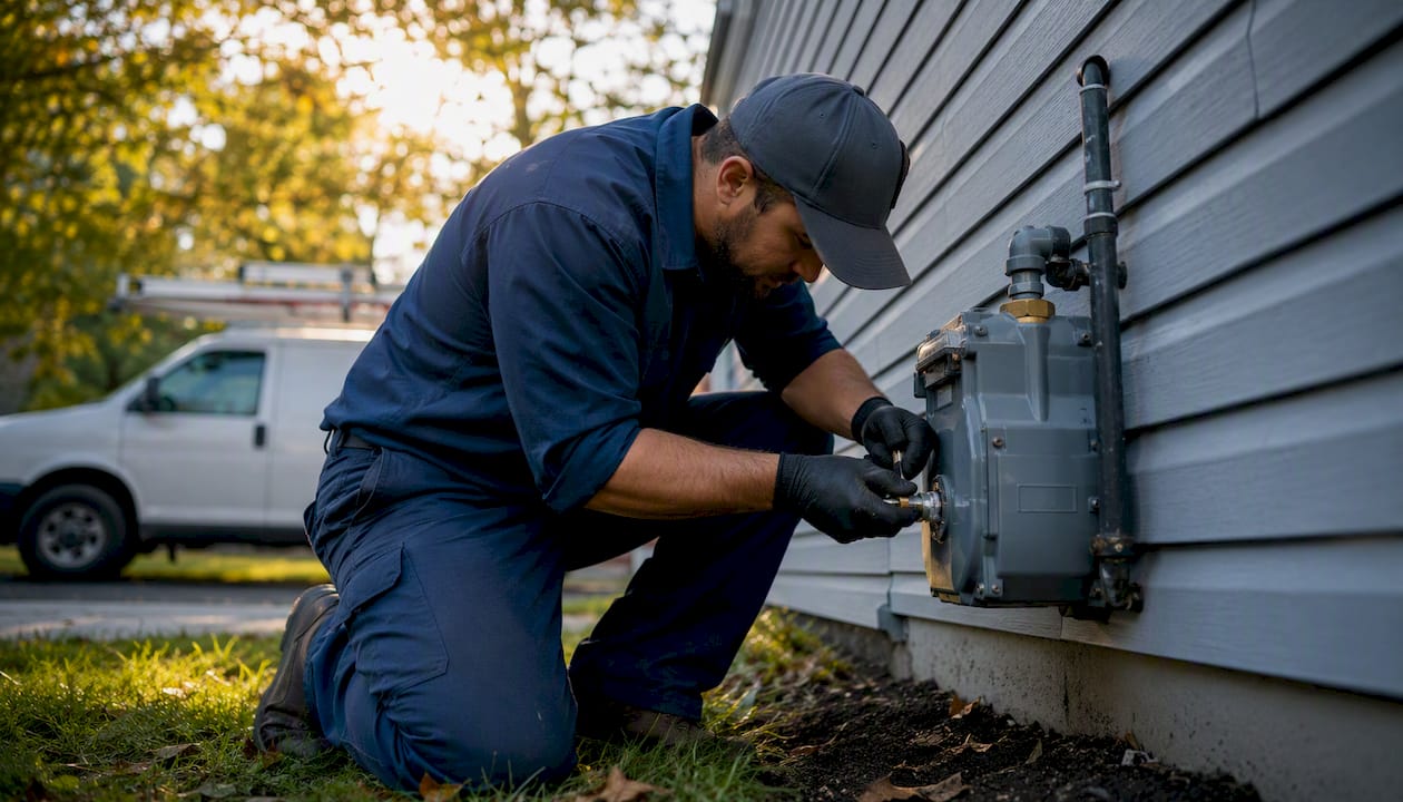 Service professional installing equipment on home exterior
