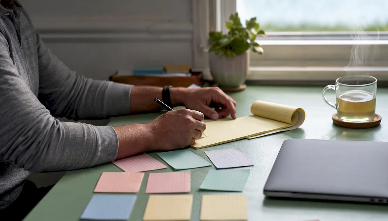 Hands arranging index cards on mint-green desk