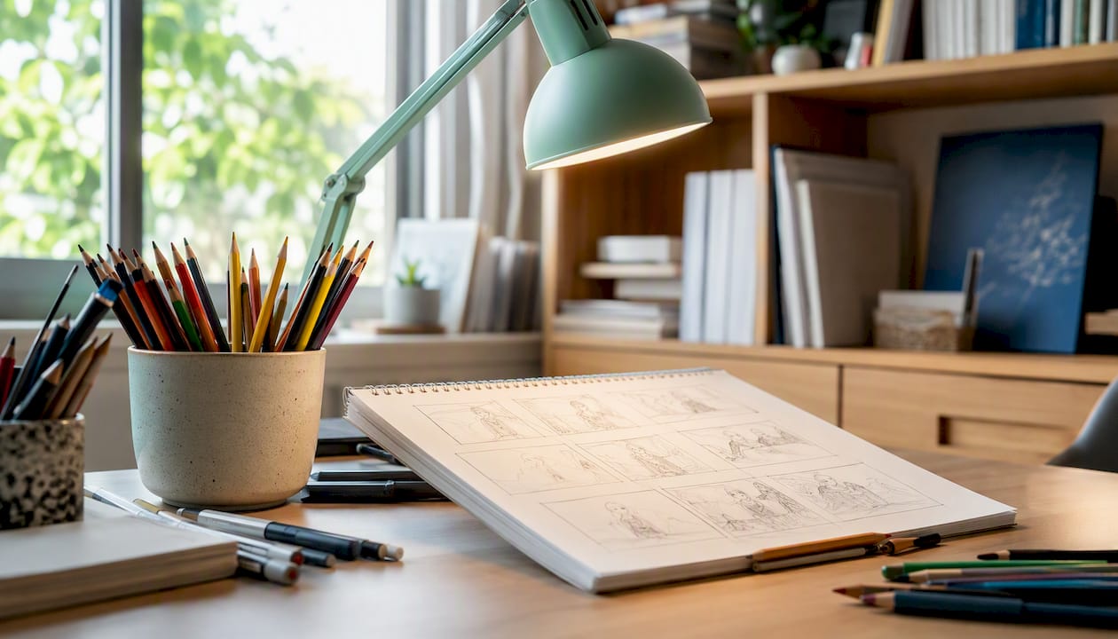 Storyboard sketch pad and drawing tools on desk
