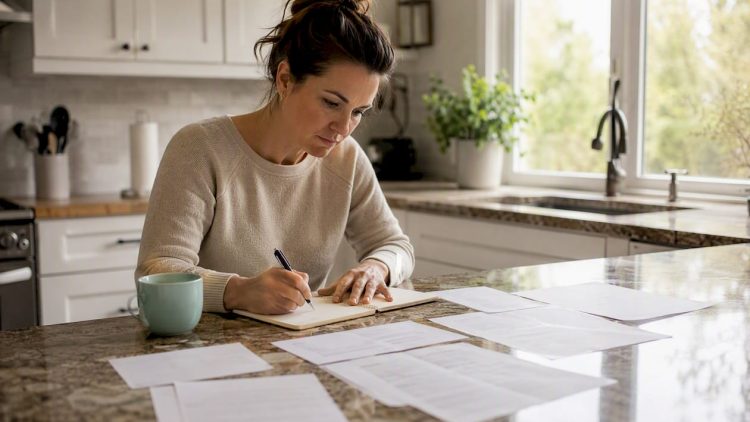Hands planning Google Ads budget on paper
