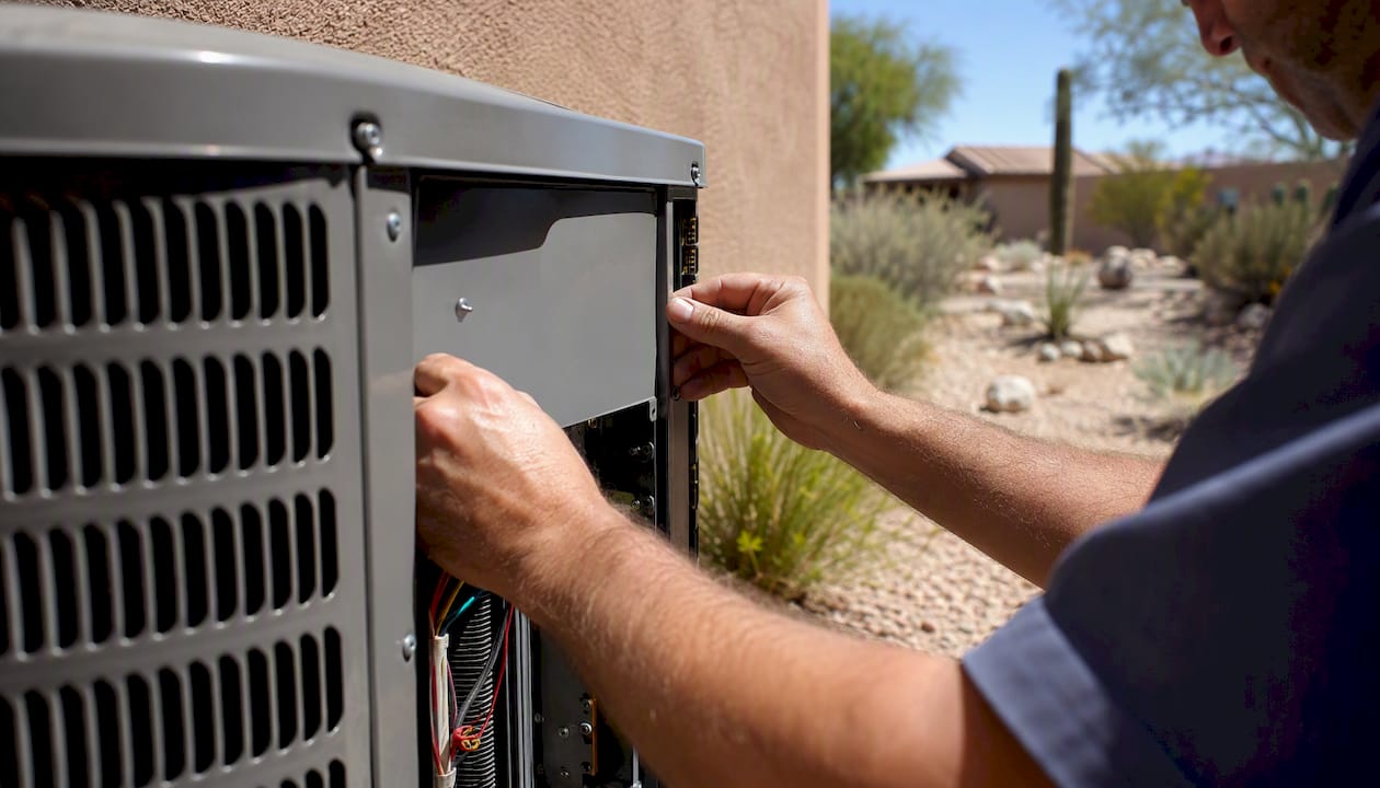 Technician servicing HVAC unit outdoors