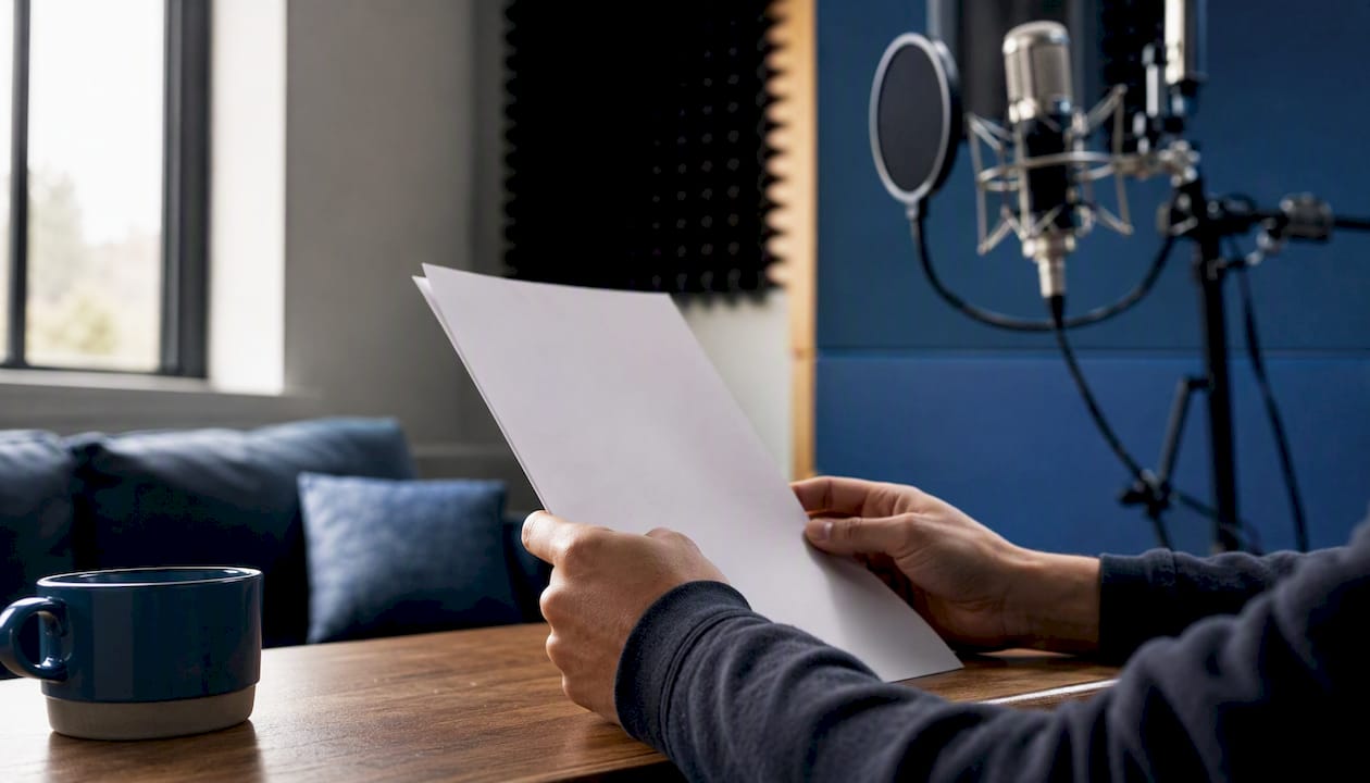 Hands holding script in recording studio