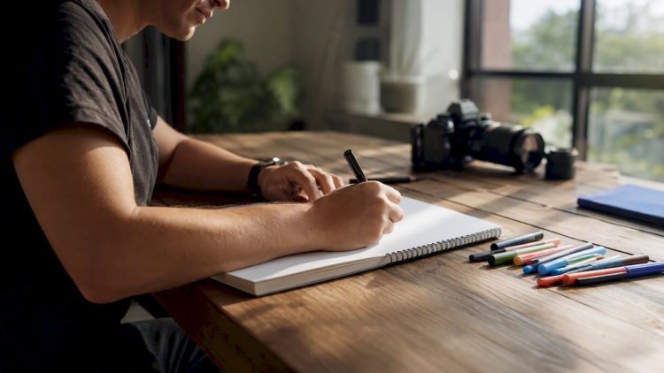 Videographer writing script notes at desk