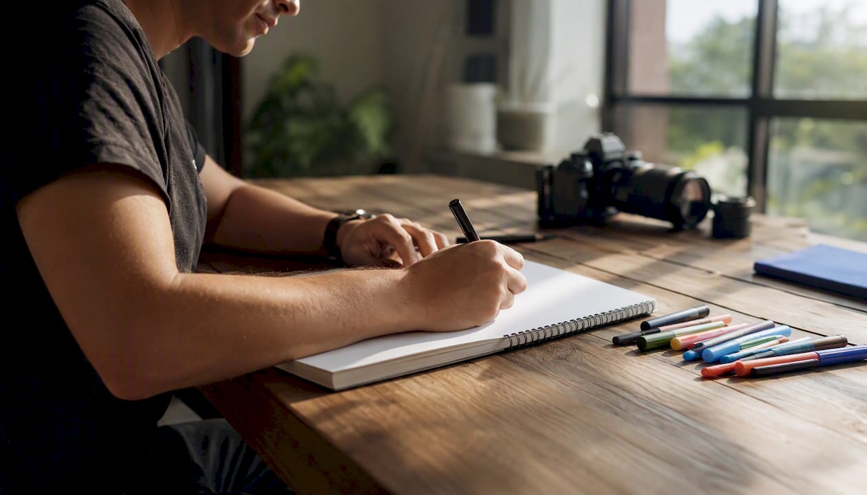 Videographer writing script notes at desk