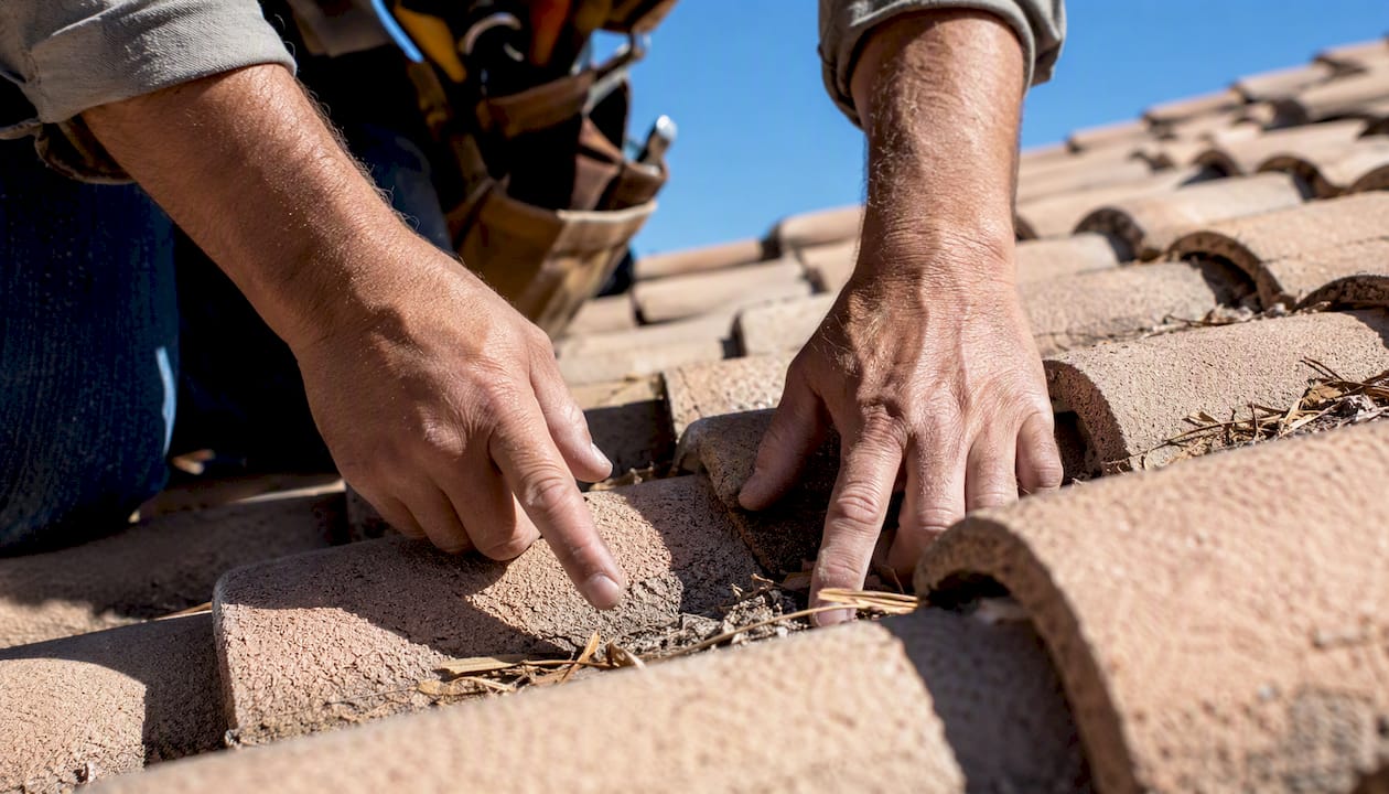 Hands inspecting roof damage after monsoon