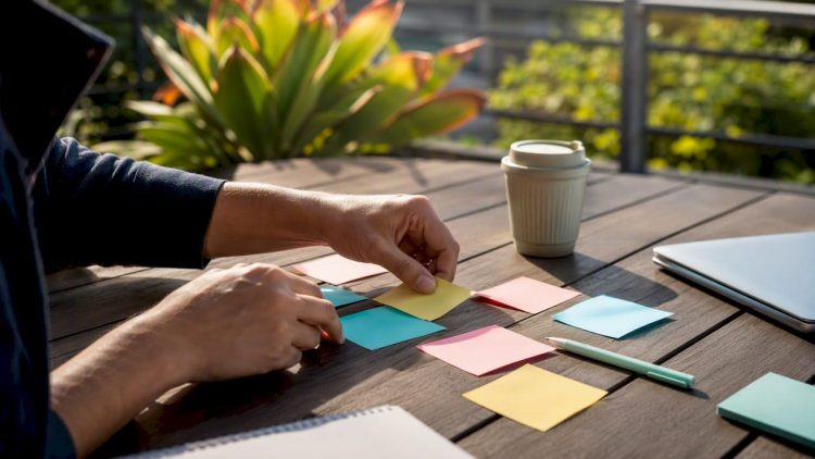 Hands arranging content strategy note cards