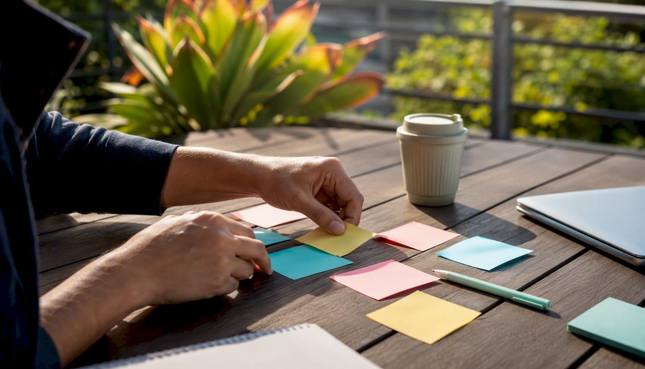 Hands arranging content strategy note cards