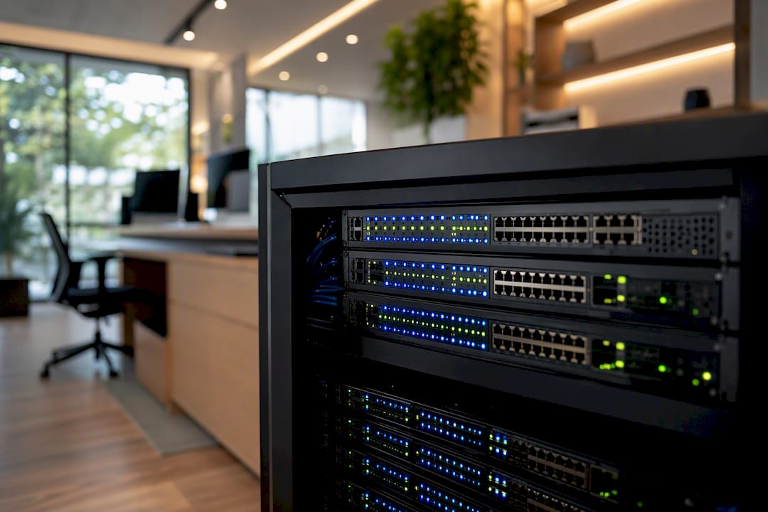 Network switch with glowing lights in server room