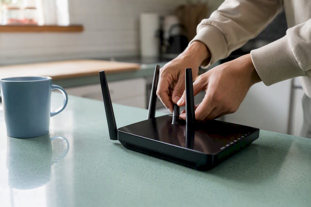 Hands adjusting router antenna for speed