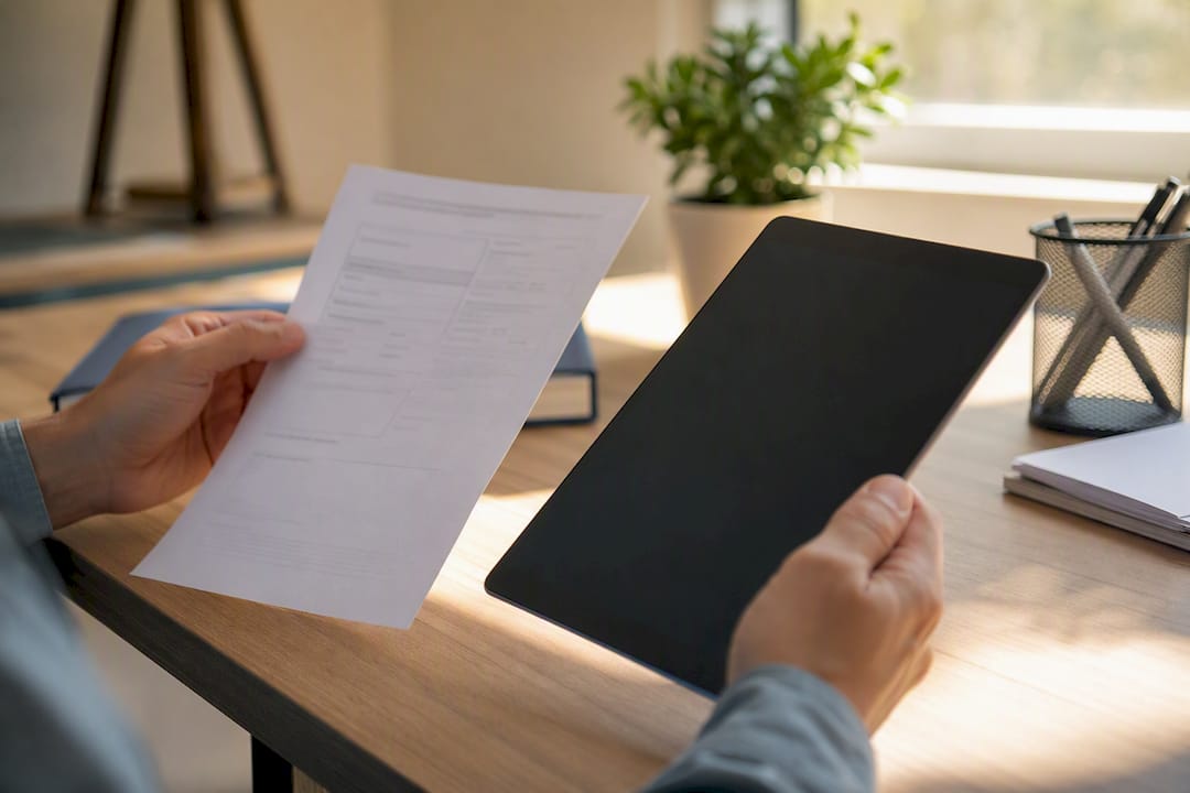 Hands auditing business profile documents and device