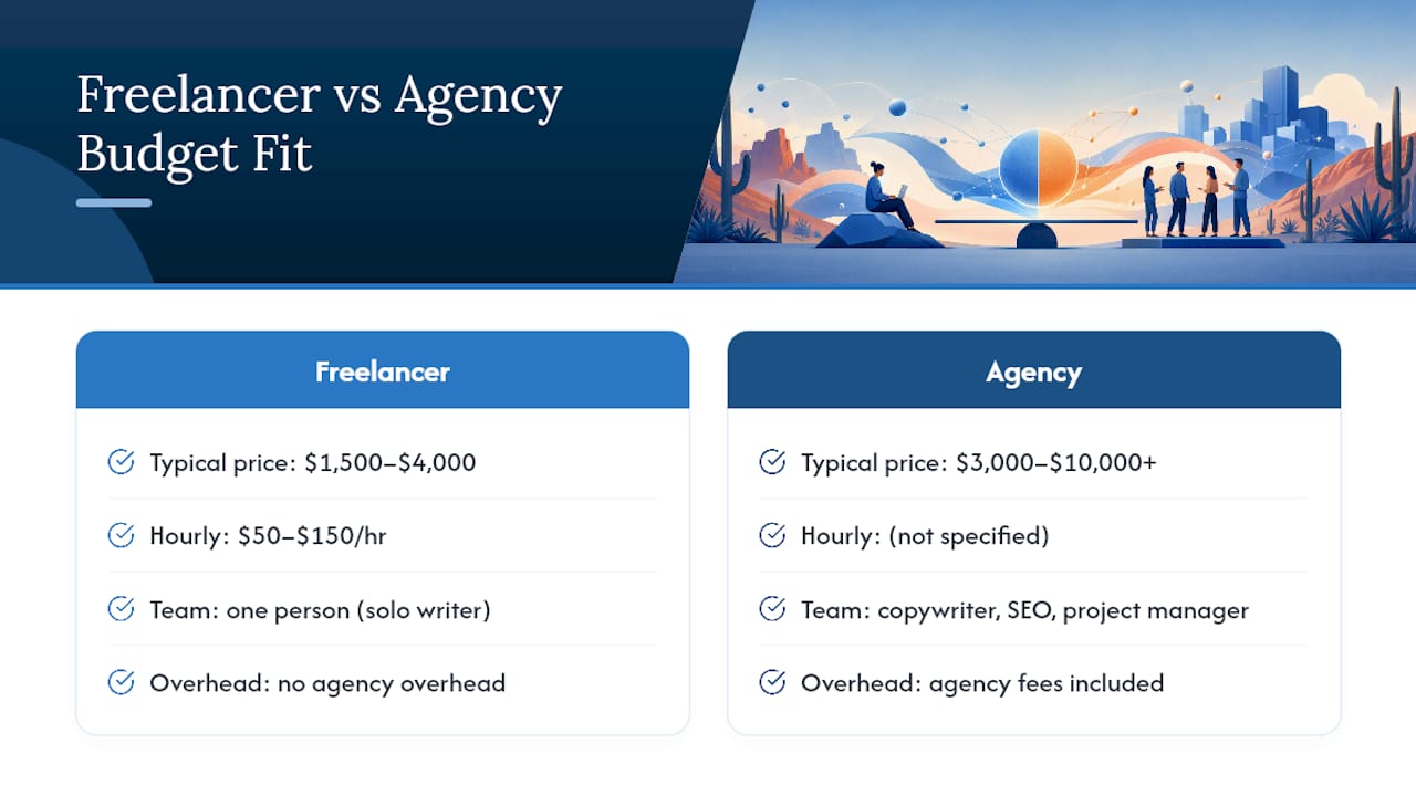 Diagram comparing freelancer and agency copywriting costs and benefits