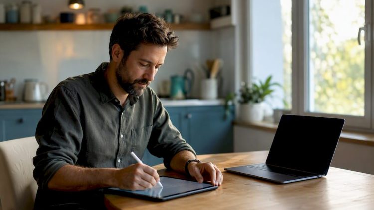 Copywriter taking handwritten notes at desk