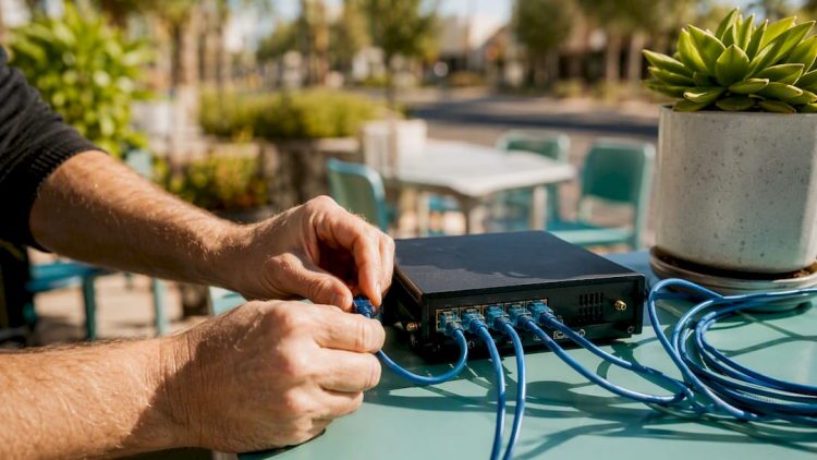 Hands adjusting network cables in office