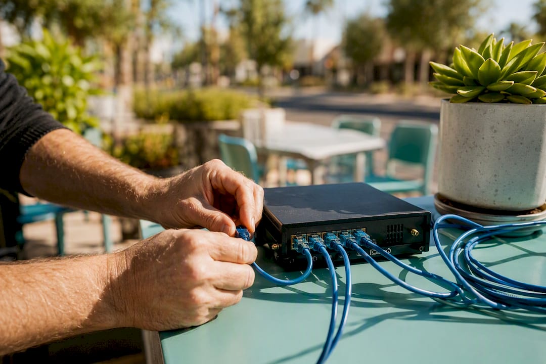 Hands adjusting network cables in office