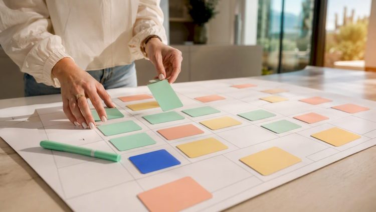 Hands organizing a monthly content calendar