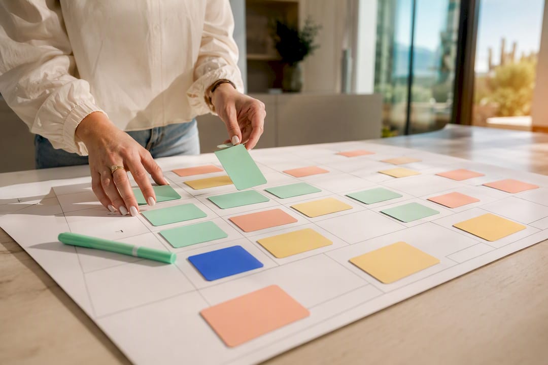 Hands organizing a monthly content calendar