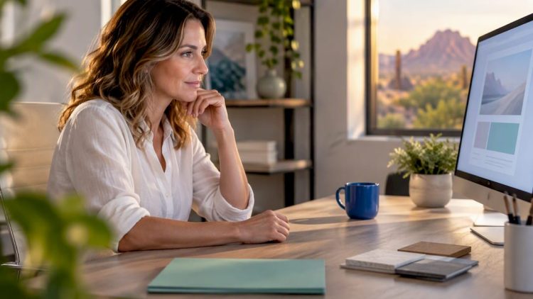 Business owner reviewing AI-assisted content