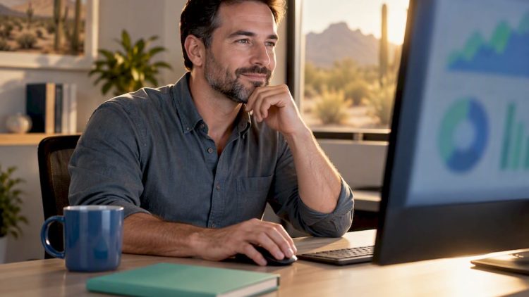 Business owner reviewing organic search analytics