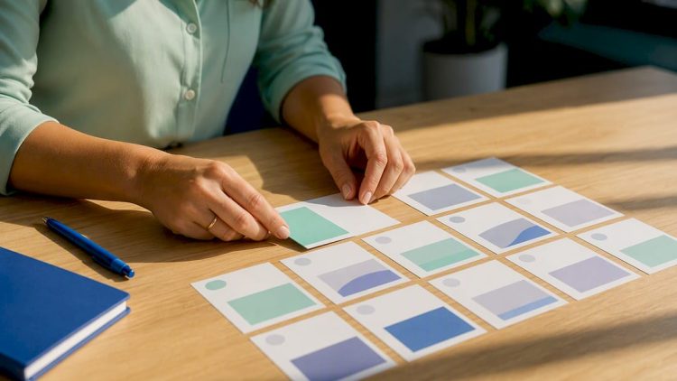Hands arranging a blog content calendar