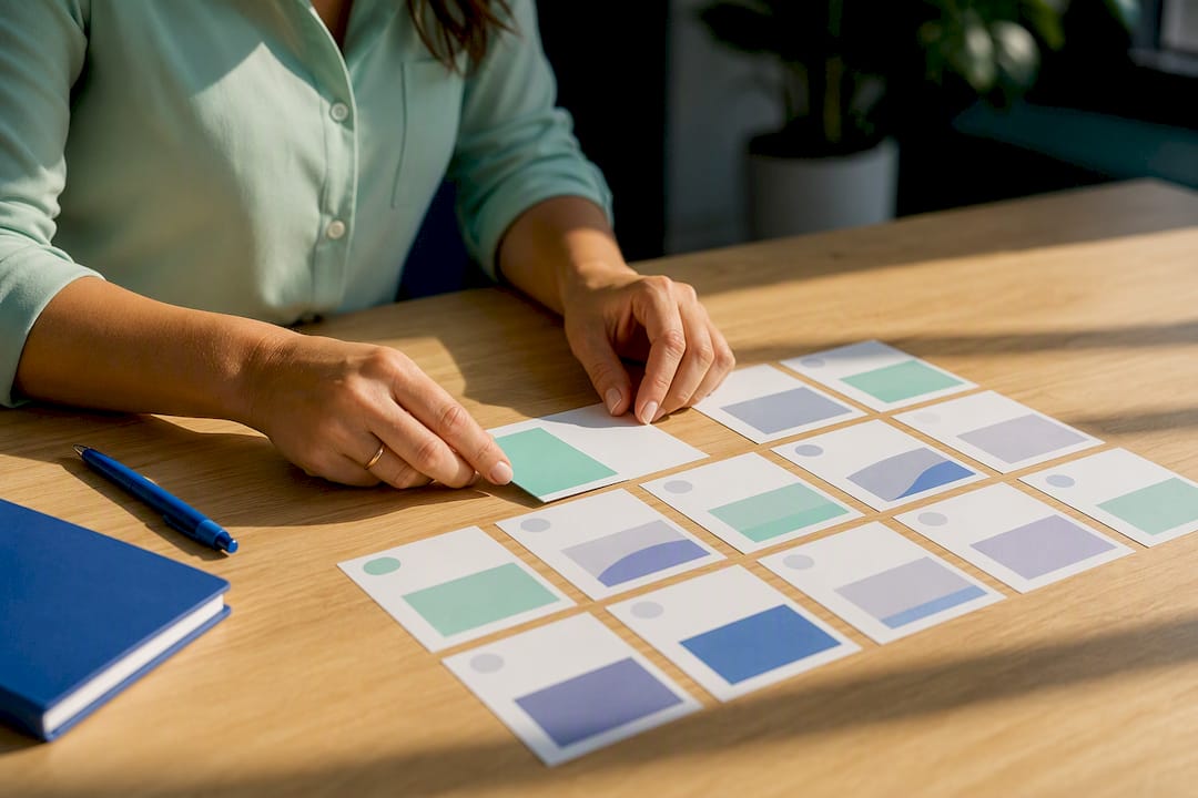 Hands arranging a blog content calendar