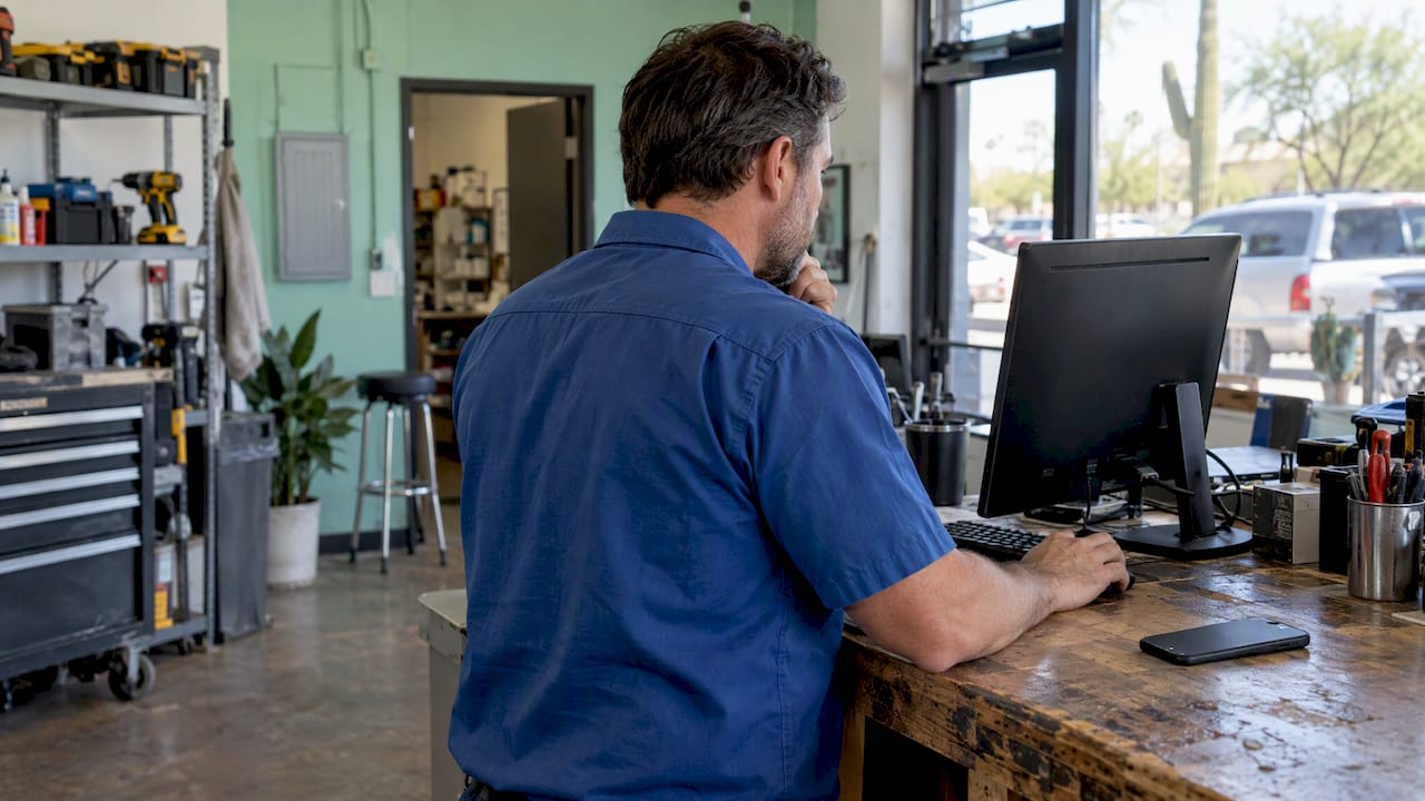 Small business owner reviewing ad settings