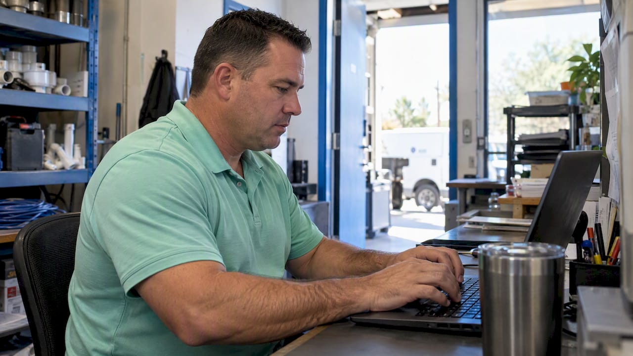 Plumbing business owner reviewing search terms