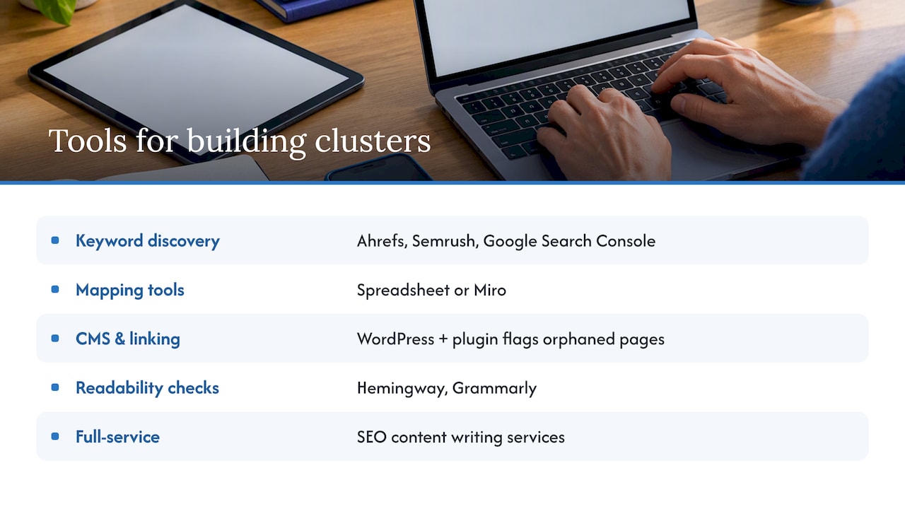 Tools and software recommendations for building and managing topic clusters — overview diagram