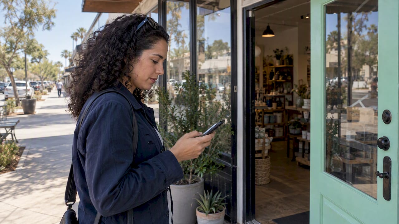 Customer checking Maps outside a local shop