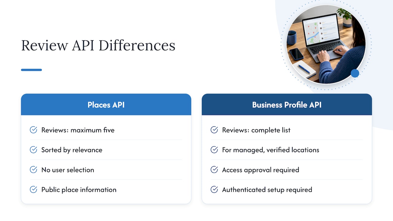 Comparison of Google review API capabilities